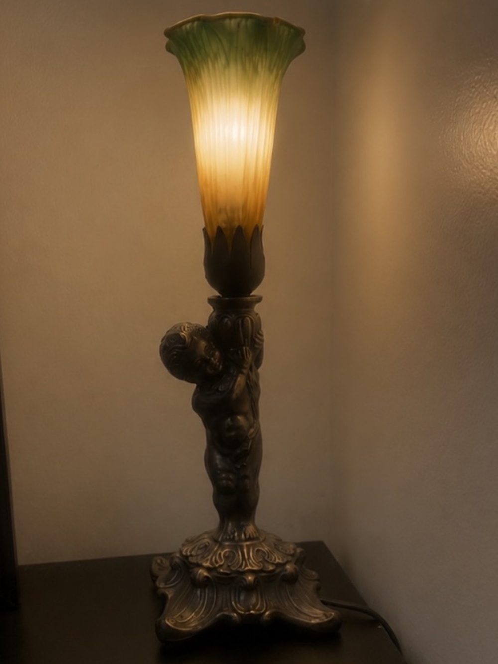 Antique Bronze Cherub Lamp with Tulip Green Top Glass Shade Tiffany Style